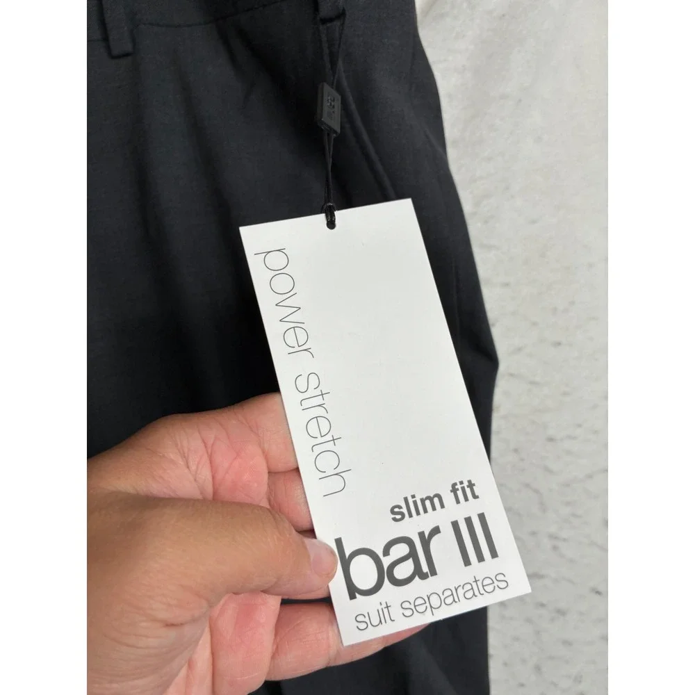 NWT Bar III Mens Slim Fit Power Stretch Wool Blend Suit Pants Gray 36W 30L